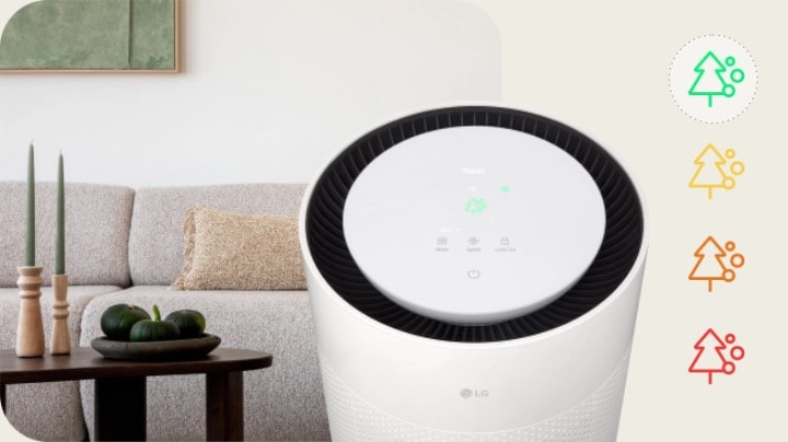 LG air purifier features an indicator light that informs users of air quality levels through color changes on the display.