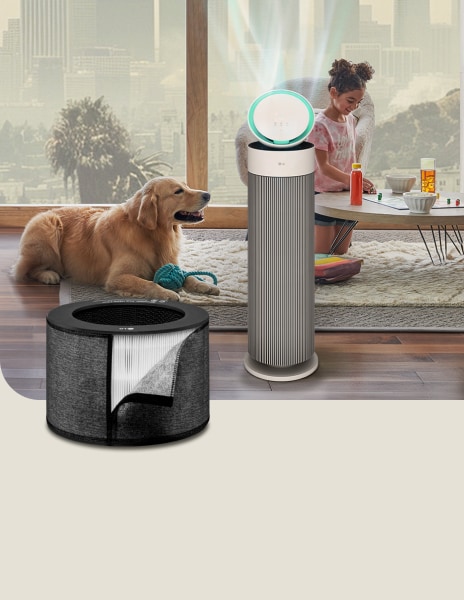 An LG air purifier with a smoke filter runs in a living room with a child and dog, while heavy smog fills the view outside.