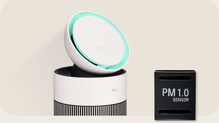 LG air purifier with PM 1.0 sensor and circular LED display, providing precise air quality monitoring and status indication