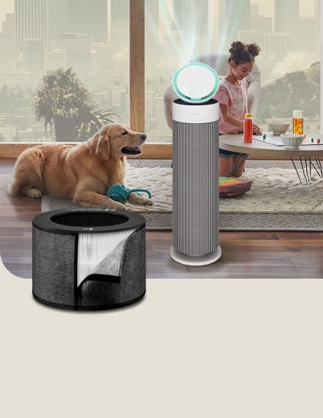 An LG air purifier with a smoke filter runs in a living room with a child and dog, while heavy smog fills the view outside.