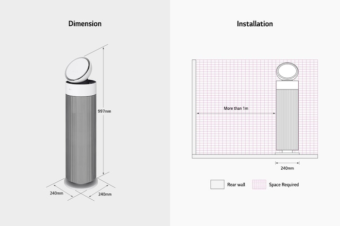 Diagram showing LG air purifier dimensions (997mm height, 240mm width) and installation guidelines requiring over 1m space from the rear wall.