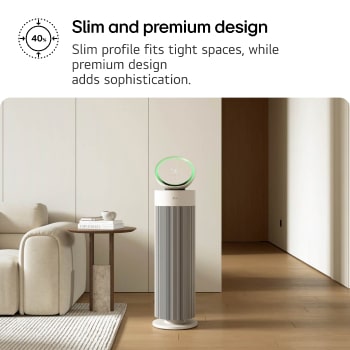 LG air purifier with a slim, modern design placed in a sophisticated living room with a beige sofa and bookshelf. Text reads: 'Slim and premium design: Slim profile fits tight spaces, while premium design adds sophistication,' emphasizing style and functionality.