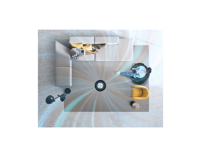 It is a video of an air purifier in the living room inhaling harmful dust and spreading purified air far away.