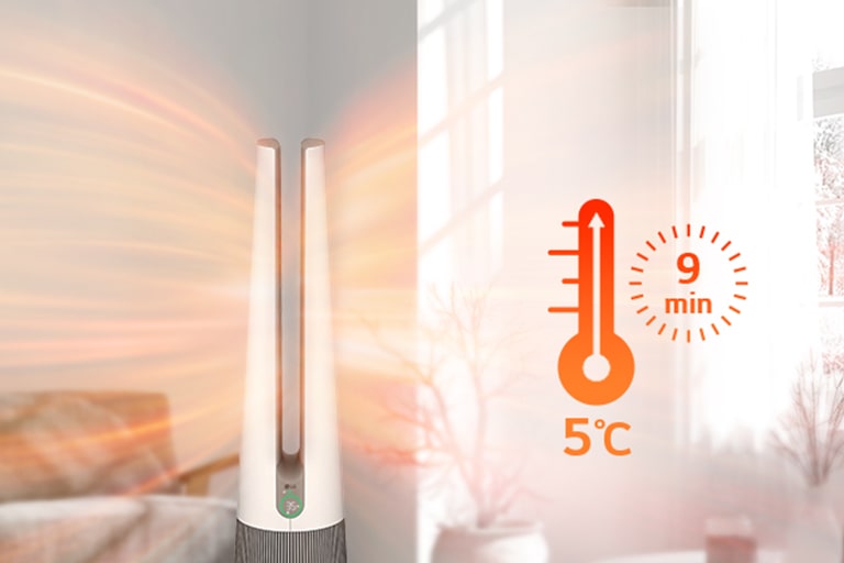 LG air purifier in a warm, sunlit living room, heating the room to 5°C in 9 minutes with visible orange warmth effects.