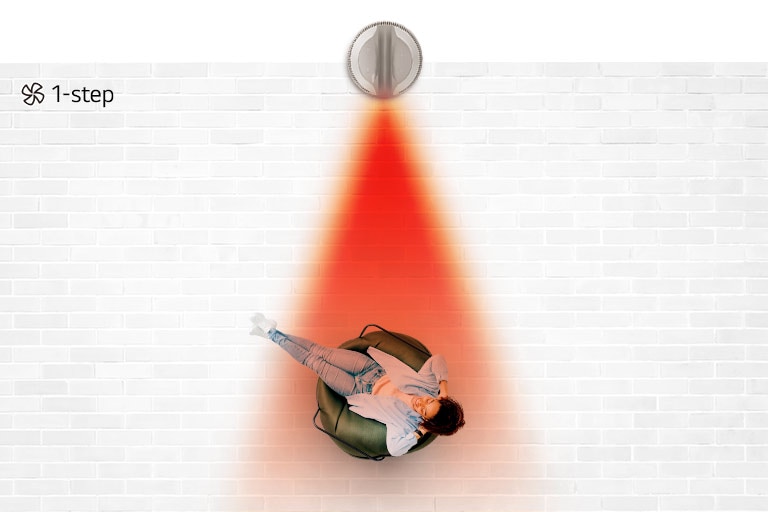In a top view of the wide living room space, a low-temperature warm air is radiating from the product to the entire space.