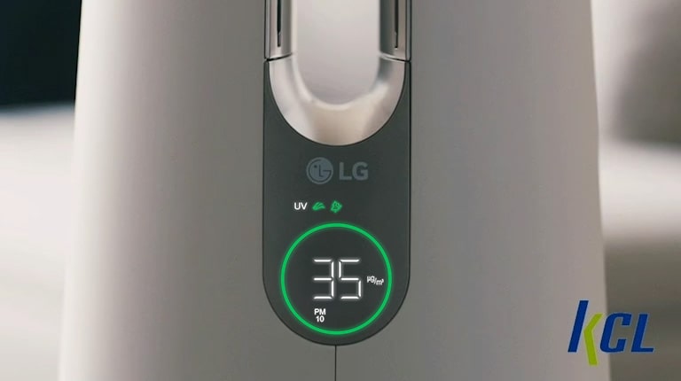 LG air purifier displaying PM1.0 level 35 and UV indicators, front view, with KCL logo in the bottom right corner.