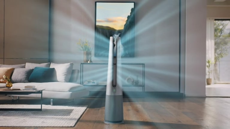 As products appear among nature, the living room appears. Clean air is coming out of the product.
