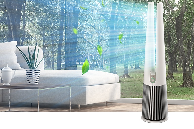 Sleek air purifier next to a white sofa in a modern living room with large windows, emitting fresh air into the room.
