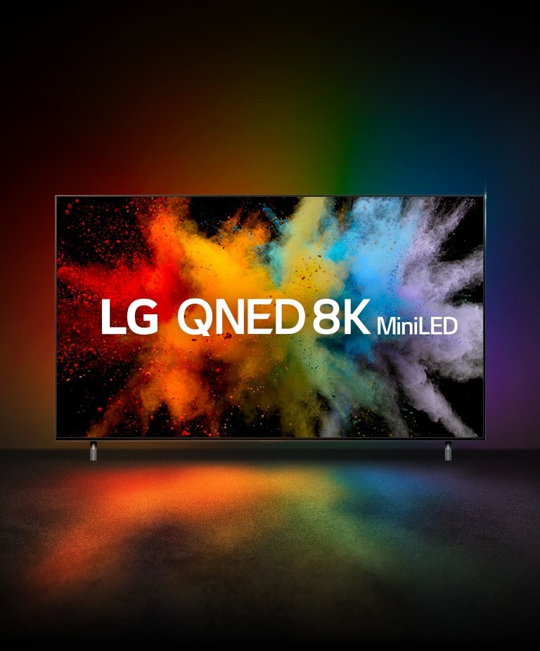 Typo-motion of QNED and NanoCell overlap and explode into color powder. QNED 8K miniLED logo appears.