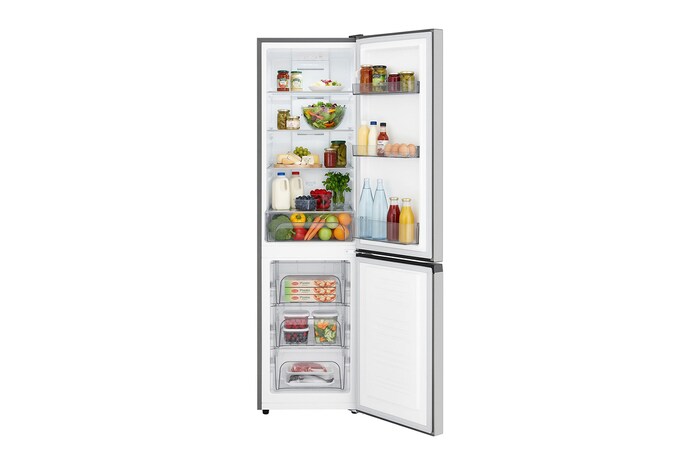 LG Bottom Freezer Refrigerator m226mpybam in Prime Silver with organised food in shelves and drawers.
