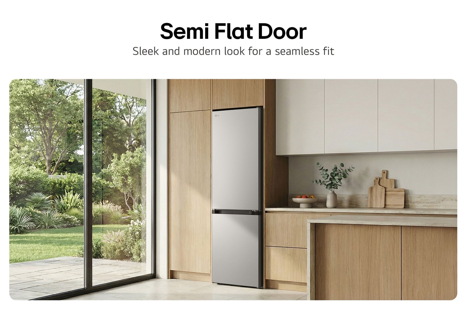 LG Bottom Freezer Refrigerator m226mpybam in Prime Silver fitting seamlessly into a modern kitchen.