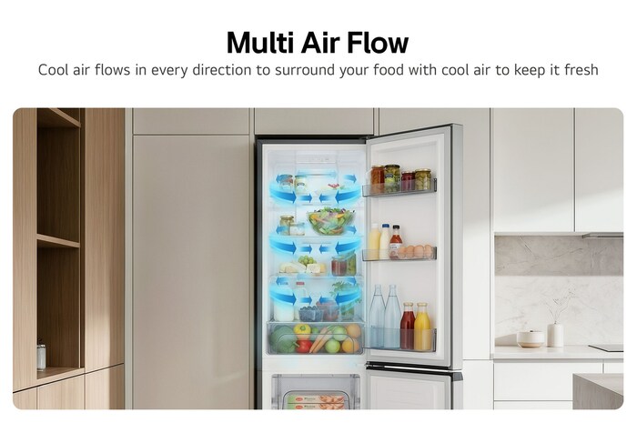 LG Bottom Freezer Refrigerator m226mpybam featuring Multi Air Flow for even cooling in every corner.