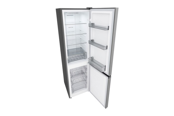 LG Bottom Freezer Refrigerator m226mpybam open showing spacious shelves and adjustable door bins.