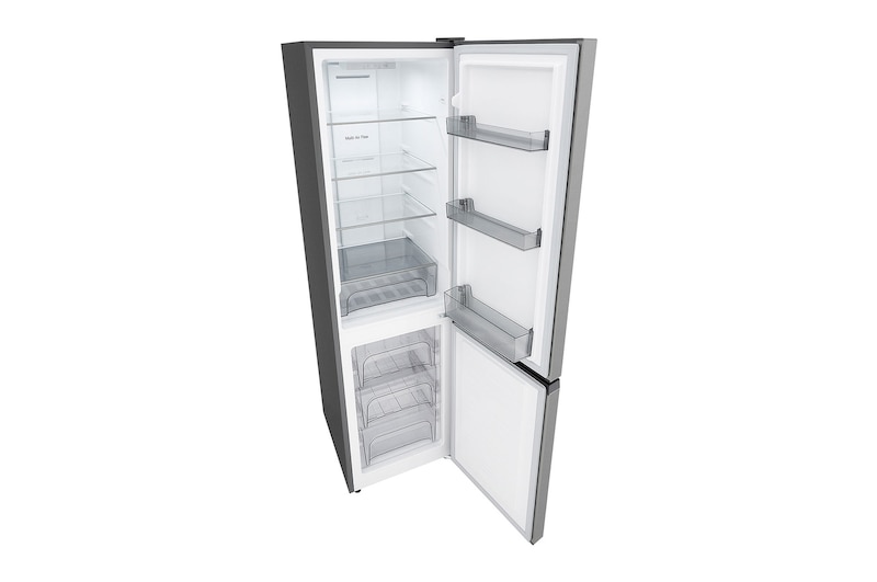 LG Bottom Freezer Refrigerator m226mpybam open showing spacious shelves and adjustable door bins.