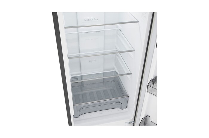 LG Bottom Freezer Refrigerator m226mpybam featuring clear glass shelves and a large vegetable drawer.