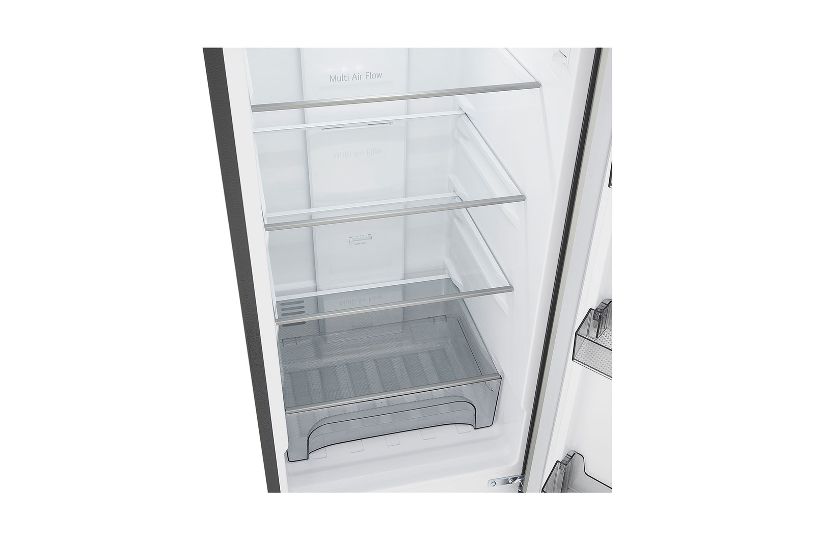 LG Bottom Freezer Refrigerator m226mpybam featuring clear glass shelves and a large vegetable drawer.