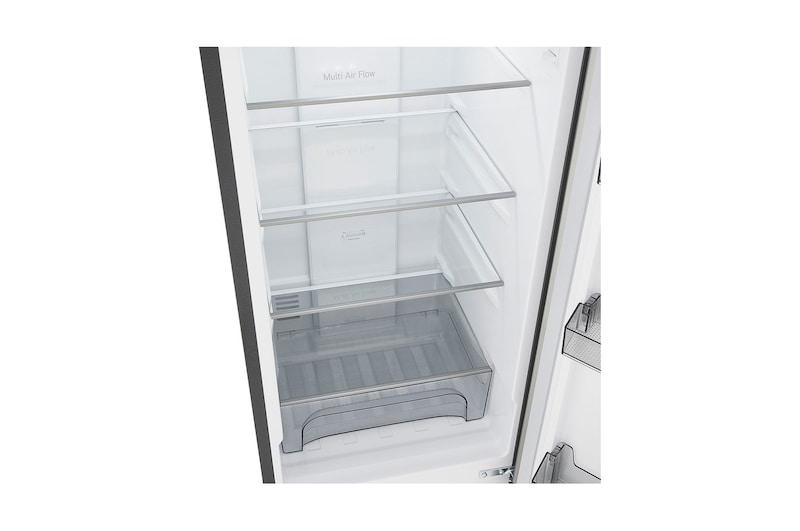 LG Bottom Freezer Refrigerator m226mpybam featuring clear glass shelves and a large vegetable drawer.