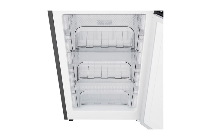 LG Bottom Freezer Refrigerator m226mpybam featuring three transparent drawers in the freezer section.