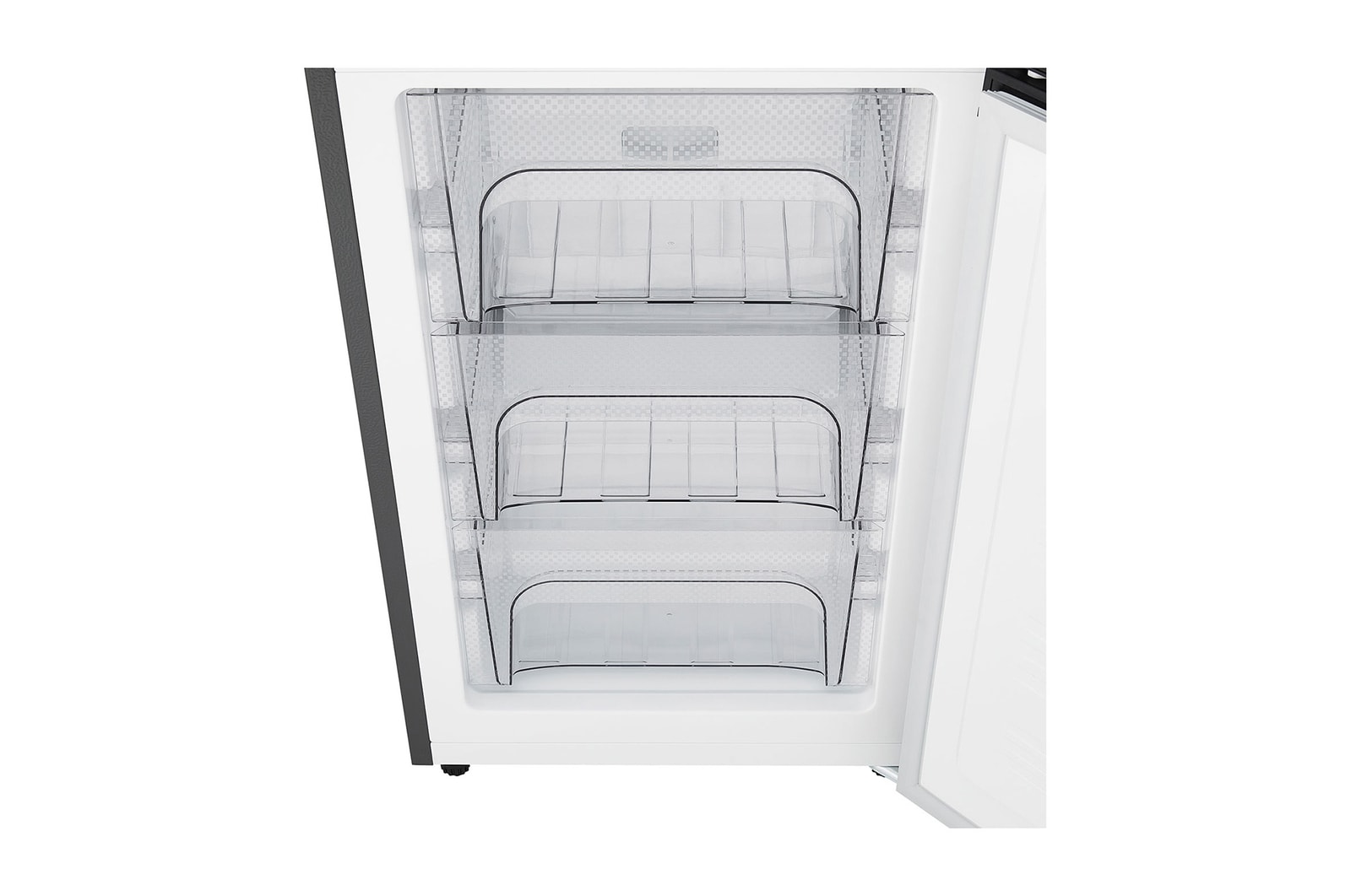 LG Bottom Freezer Refrigerator m226mpybam featuring three transparent drawers in the freezer section.