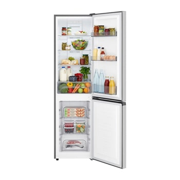 LG Bottom Freezer Refrigerator m226mpybam in Prime Silver with organised food in shelves and drawers.