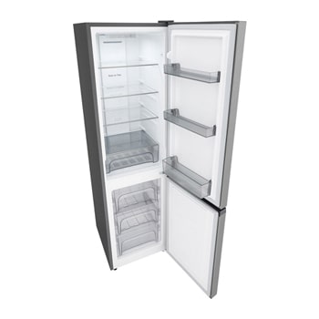 LG Bottom Freezer Refrigerator m226mpybam open showing spacious shelves and adjustable door bins.