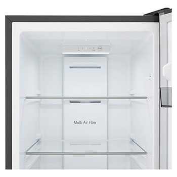 LG Bottom Freezer Refrigerator m226mpybam featuring the interior control panel and bright LED lighting.