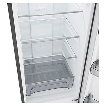 LG Bottom Freezer Refrigerator m226mpybam featuring clear glass shelves and a large vegetable drawer.