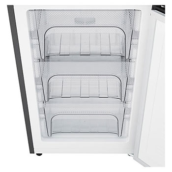 LG Bottom Freezer Refrigerator m226mpybam featuring three transparent drawers in the freezer section.