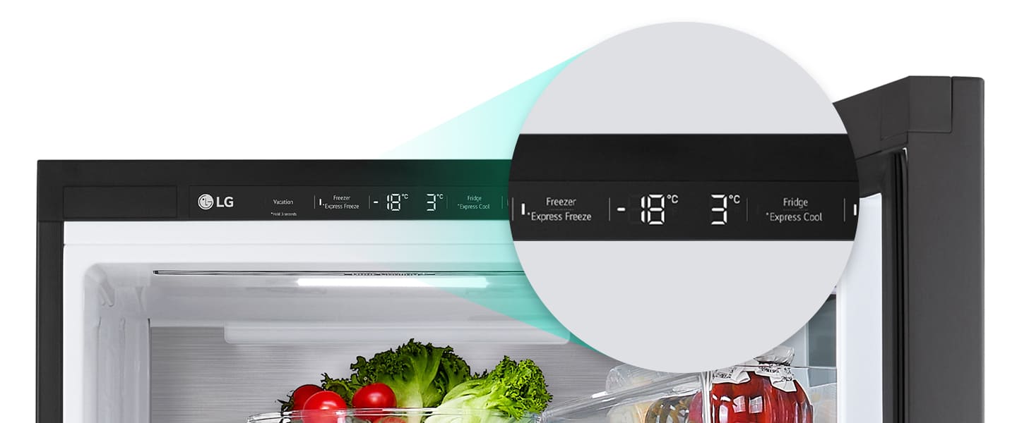 Close-up of the express cool button located at the top of the refrigerator.	