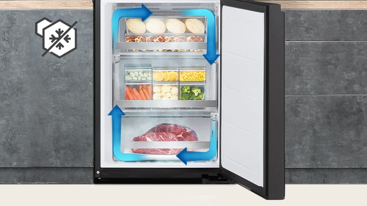No-frost freezer with even cooling and circulated cold air to keep food fresh in all corners.	