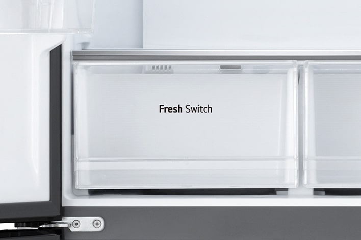 Close up view of lg multi door refrigerator's fresh switch feature that is placed in the refrigerator.	