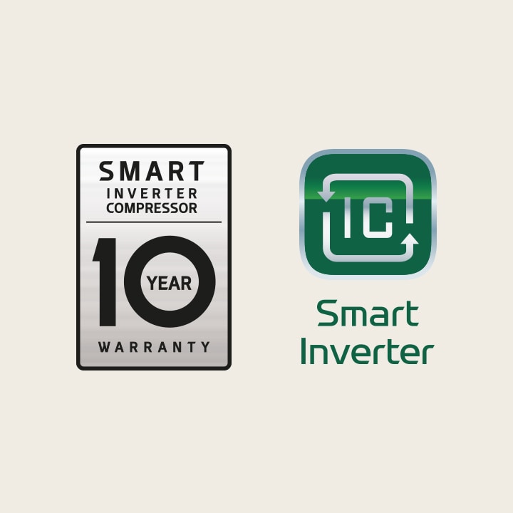 The 10 Year Warranty for the Smart Inverter Compressor logo is next to the Smart Inverter logo.