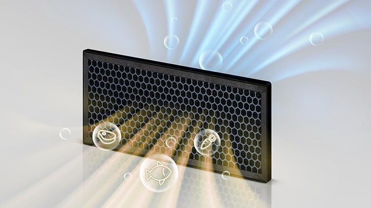 Carbon dual filteration technology of LG top freezer refrigerator's deodorize filter minimizes ordors.