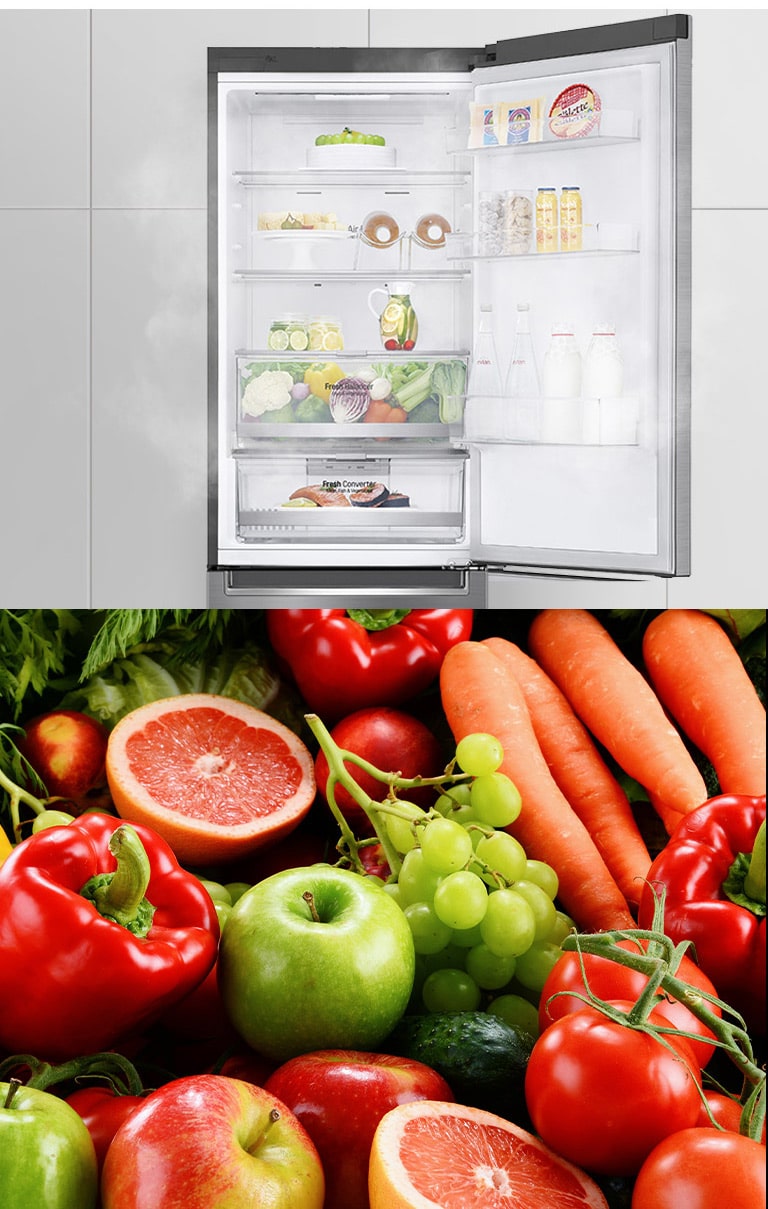 LG refrigerator with open door, organized shelves holding dairy, fruits, vegetables, and beverages; vibrant produce below.