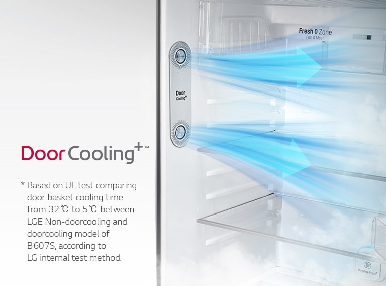 Cool air streams from DoorCooling+ vents in an open LG fridge, boosting cooling efficiency and food freshness.