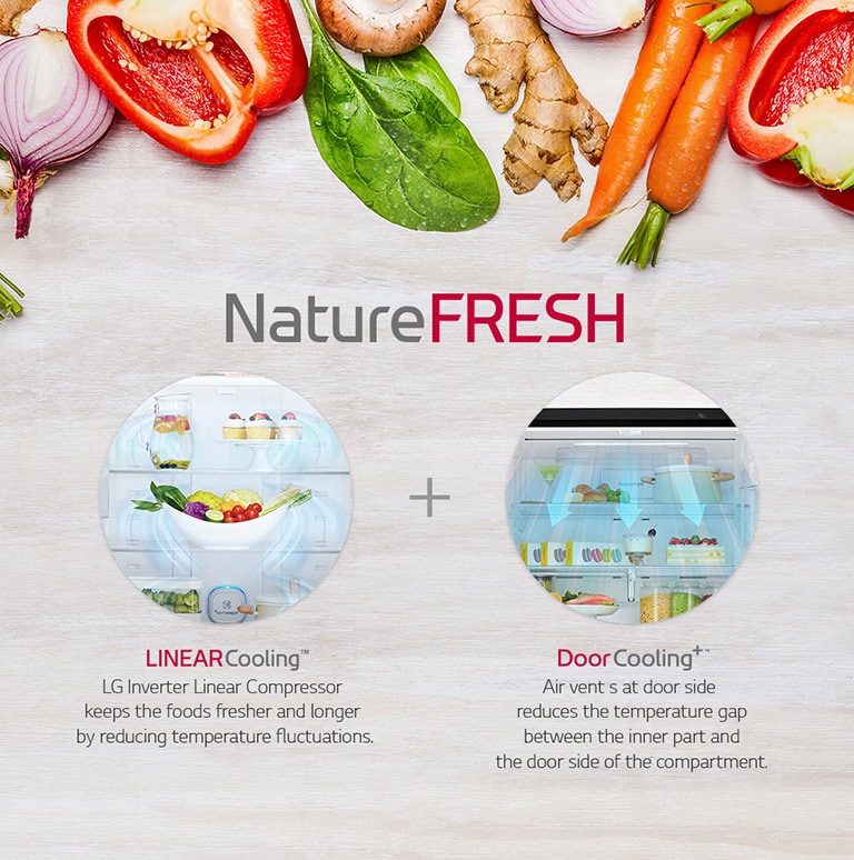 Fresh vegetables frame the NatureFRESH logo, highlighting LG's Linear Cooling and Door Cooling+ for optimal fridge freshness.