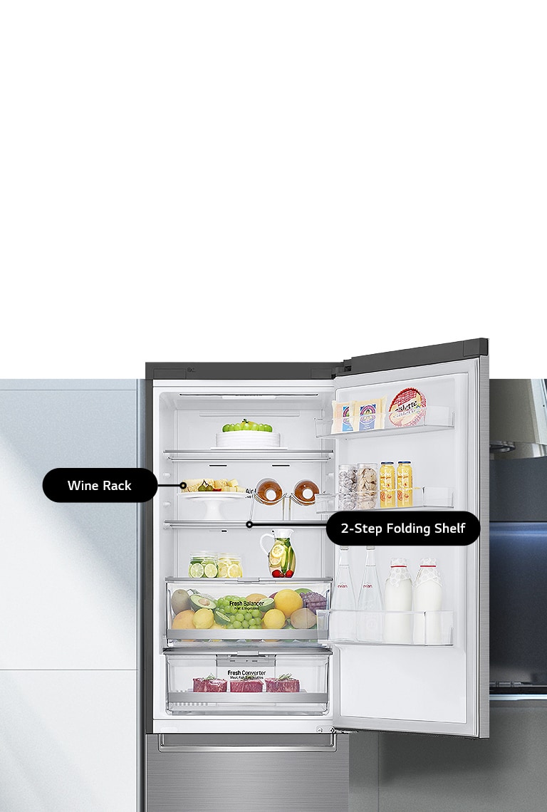 LG refrigerator with left-side wine rack, 2-step folding shelf, and groceries like fruits, vegetables, dairy, and beverages.