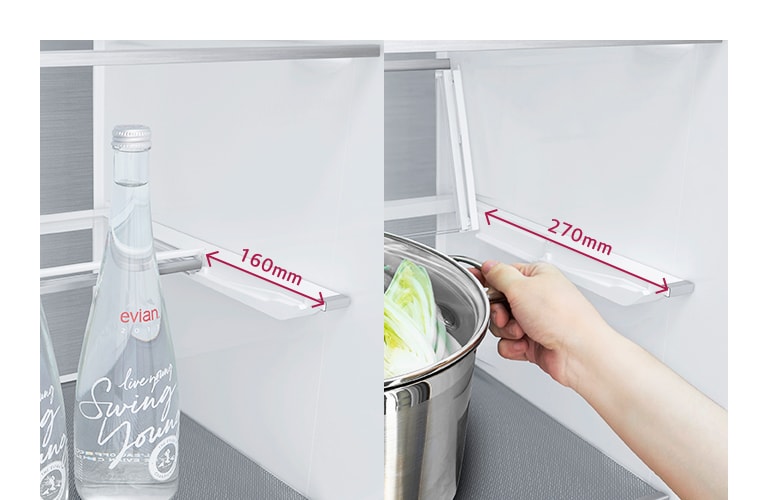 Adjustable refrigerator shelf, shown at 160mm depth with bottles on the left and 270mm depth with a pot on the right.