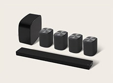 LG Immersive Quad Suite 7, a set of home stereo audio system featuring a Sound Suite soundbar, four speakers and woofer