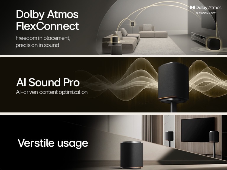 1) LG Sound Suite with Dolby Atmos FlexConnect technology detects each speaker’s location to optimize surround sound systems 2) LG Sound Suite speaker emitting golden sound waves, illustrating AI Sound Pro for an optimized home sound system 3) LG Sound Suite speakers arranged with a TV , highlighting versatile use for home audio systems