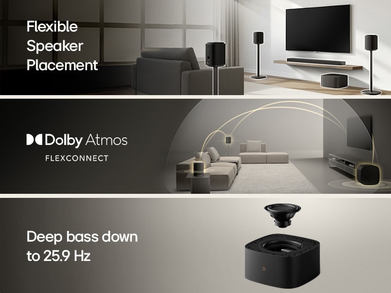 1) LG Sound Suite placed in a living room, demonstrating flexible speaker placement for an immersive home sound system 2) LG Sound Suite with Dolby Atmos FlexConnect technology detects each speaker’s location to optimize surround sound systems 3) Close-up of the LG Sound Suite W7 woofer with its driver showing deep bass performance down to 29.5 Hz
