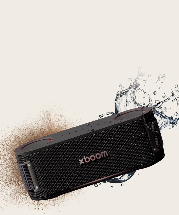xboom Bounce is placed in a hexagonal form and behind it there's a bunch of soil on the left and splash of water on the right.