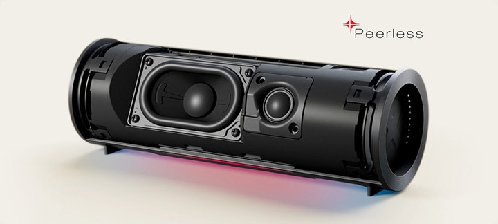 xboom Grab's internal units, woofer and tweeter are shown with its tweeter moving forward and vibrating rhythmically.