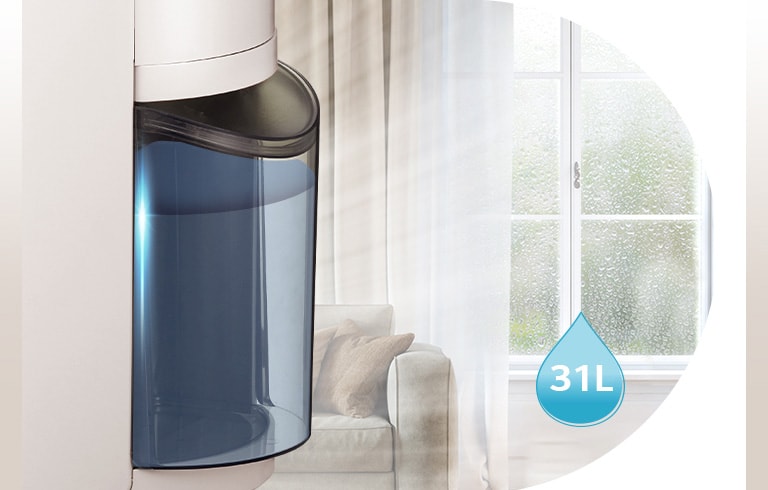 LG air purifier with a 31L water tank in a bright living room, near a window with rain droplets and a beige sofa.