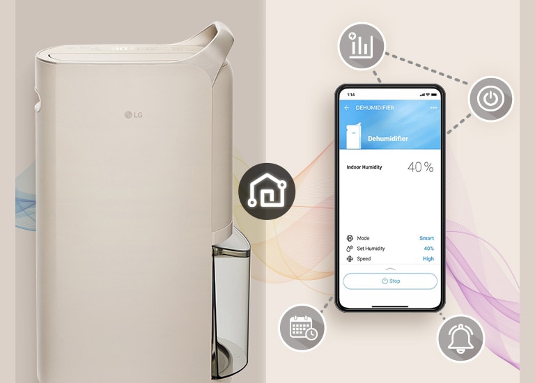 LG beige dehumidifier with water tank on left, smartphone showing 40% indoor humidity and control app on right.