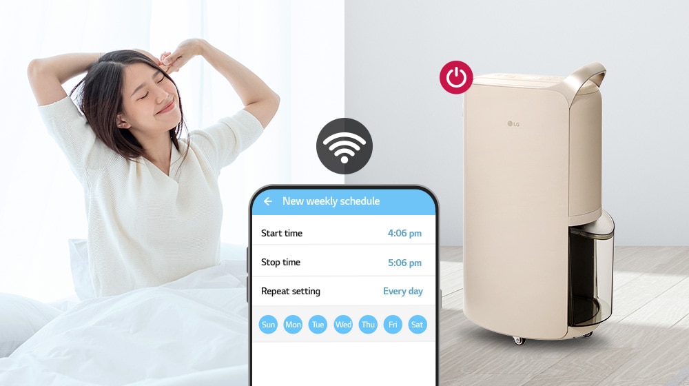 A woman is stretching after waking up, and it is seen adjusting the operation time of the product through a mobile phone.