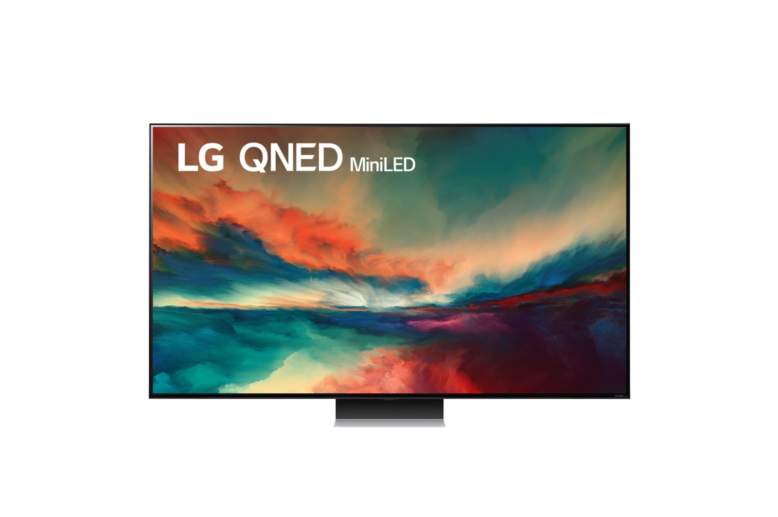 A front view of the LG QNED TV with infill image and product logo on