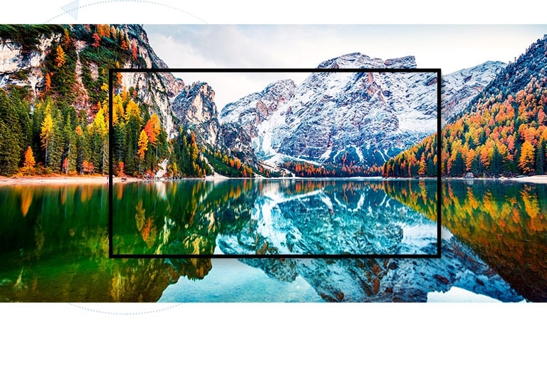 A TV screen capturing the scenary of the mountain and the lake is enlarged (play the video)