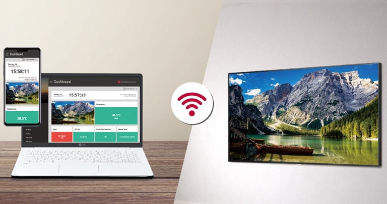 This image shows that the content set on the Control Manager and the content displayed on the signage are same. And it indicates that UM3DG-H series can be remotely controlled and monitored in a different place with devices such as a mobile phone and a laptop, through the Control Manager.