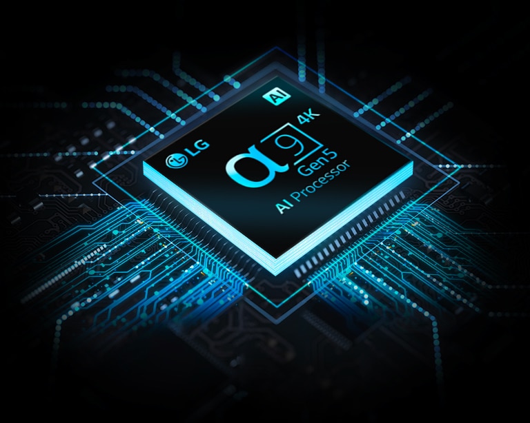 LG α9 Gen5 AI Processor 4K processor chip with blue circuits running from it.